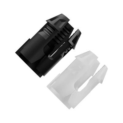 Conjunto de dois dispositivos plásticos preto e branco com recortes laterais