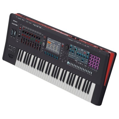 Teclado sintetizador Roland Fantom preto com ecrã digital e pads roxos