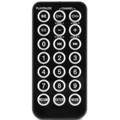 Comando remoto preto com botões brancos numerados e funções de controle