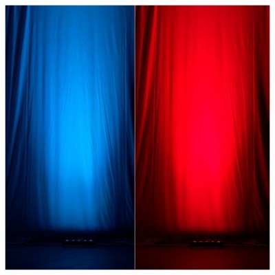 Cortinas iluminadas em azul e vermelho com luz na base