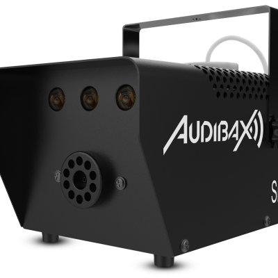 Máquina de fumo preta Audibax com texto branco e quatro orifícios frontais