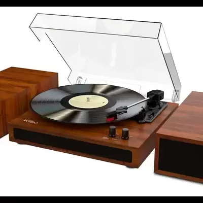 Sistema de vinil em madeira com tampa transparente e colunas