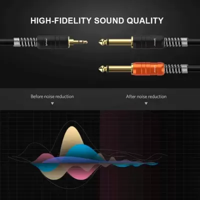 Cabos de áudio com conectores dourados e gráfico de redução de ruído