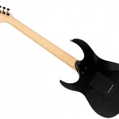 Guitarra elétrica preta com braço em madeira clara vista de trás.