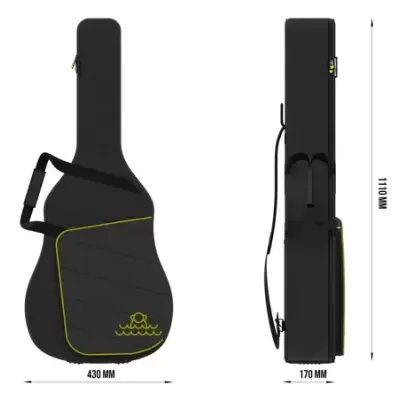 Capa para guitarra preta com acabamentos amarelos e bolso com zíper