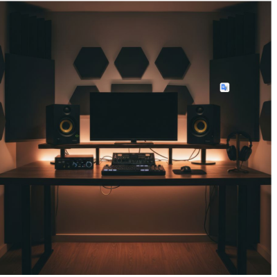 Estúdio de som com equipamentos e painéis acústicos em parede