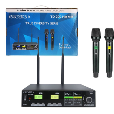 Sistema de microfone sem fios com dois microfones de mão pretos e receptor com antenas e caixa azul