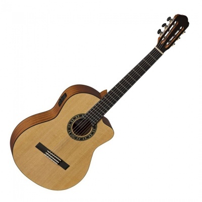 Guitarra clássica acústica de madeira clara com laterais castanhas e 6 cordas