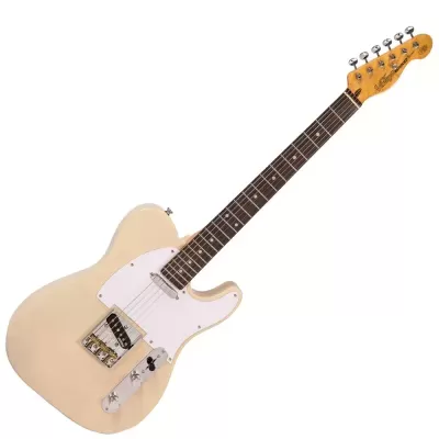 Guitarra elétrica creme com braço de madeira clara e escudo branco