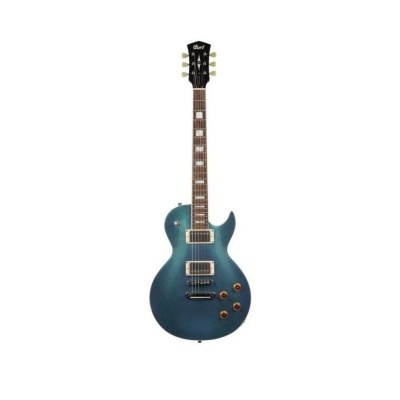 Guitarra elétrica azul metálico com captadores e botões dourados