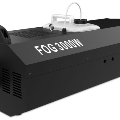Máquina de fumos preta com texto FOg 3000W na lateral e reservatório no topo