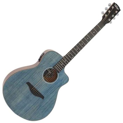 Guitarra acústica azul com acabamento em madeira