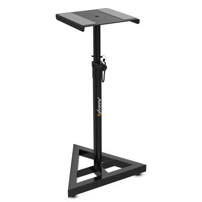 Suporte ajustável em metal preto com base triangular e placa superior com furos.