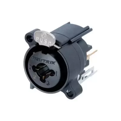 Conector de áudio preto NEUTRIK com botão metálico PUSH e três pinos numerados