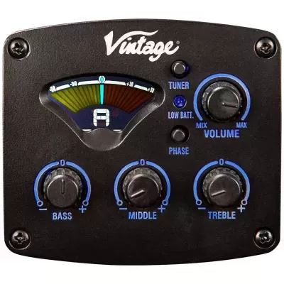 Painel preto de controlo de áudio Vintage com botões para bass, middle, treble e volume