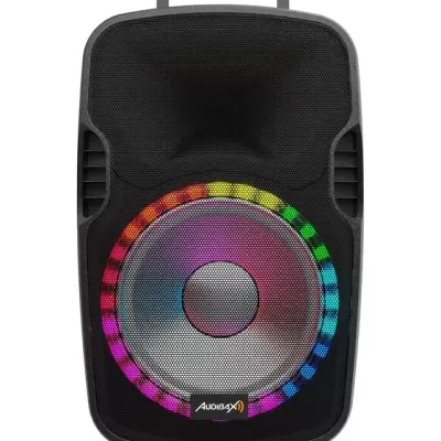 Coluna de som portátil preta com iluminação colorida e pega superior