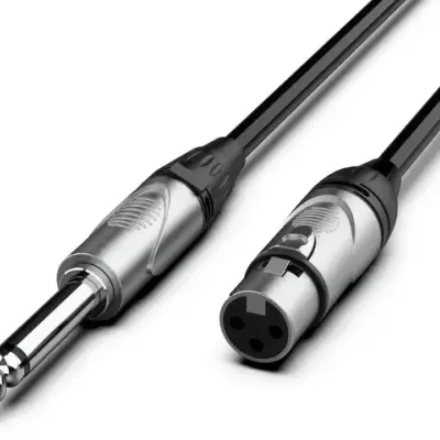 Cabo de áudio com conector macho jack 6,35 mm e conector fêmea XLR 3 pinos