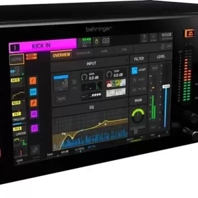 Mesa de som digital preta Behringer WING com ecrã e botões coloridos