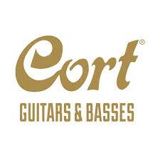 Logótipo da marca Cort Guitars & Basses em dourado sobre fundo branco