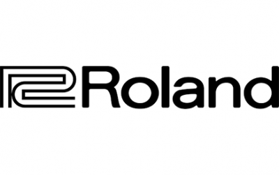 Logotipo preto da Roland com símbolo geométrico e texto