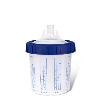 Recipiente plástico com tampa azul e gráficos azuis