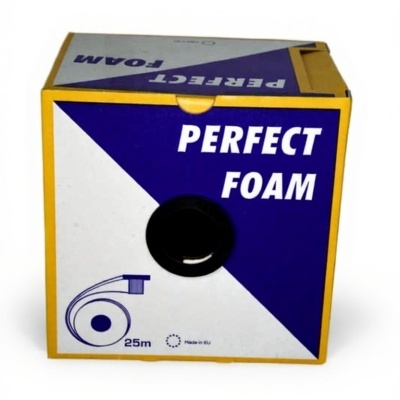 Caixa de cartão branca, azul e amarela com texto PERFECT FOAM e botão preto.