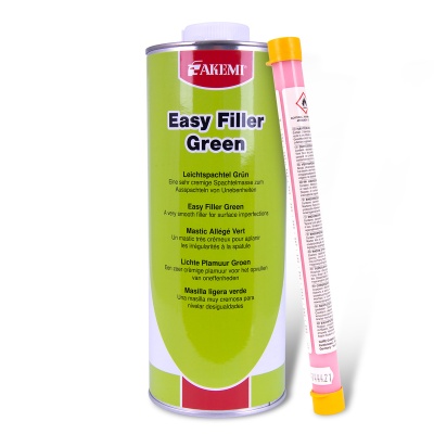 Lata verde de produto Easy Filler Green e tubo rosa com tampas amarelas