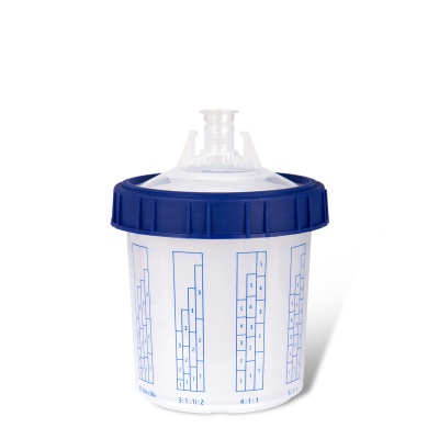 Recipiente plástico com tampa azul e gráficos azuis