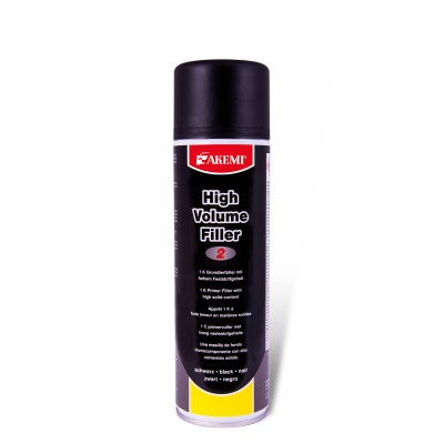 Lata spray AKEMI High Volume Filler 2 preta com tampa preta e detalhes em amarelo, branco e vermelho