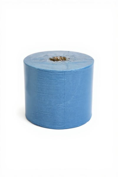 Rolo de papel azulado embalado em plástico transparente