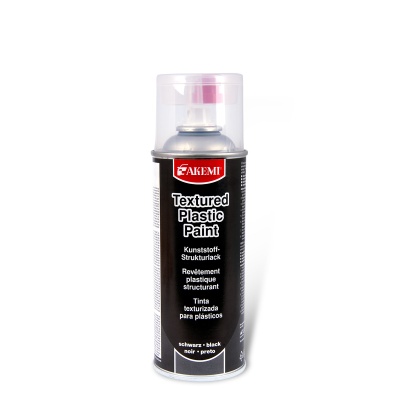 Spray de tinta texturizada preta para plástico da marca Akemi em lata cylindrical com tampa transparente