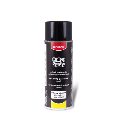 Lata de spray preto brilhante Akemi Rallye Spray com texto multilíngue