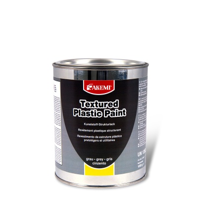 Lata de tinta texturada para plástico cinzenta da marca Akemi sobre fundo branco