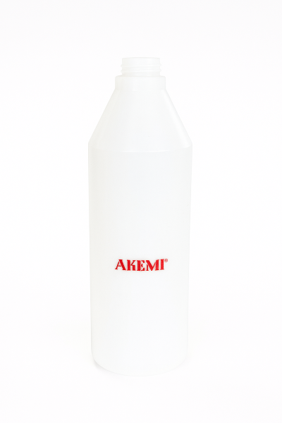 Frasco plástico branco com logo vermelho AKEMI