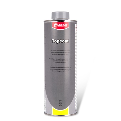 Frasco metálico cinzento com rótulo AKEMI Topcoat e detalhe amarelo