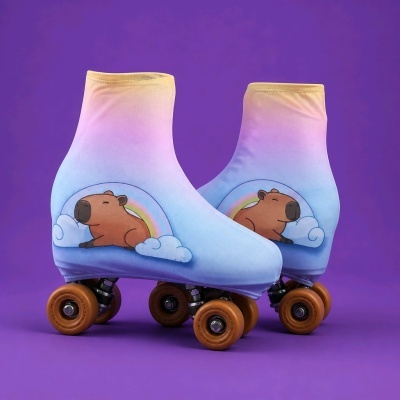 Par de patins de quatro rodas com capa elástica azul e rosa com capivara e arco-íris