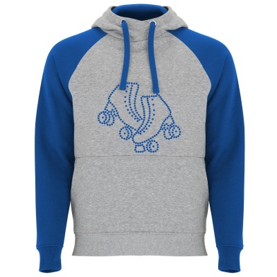 Sweatshirt com capuz cinzento e mangas azuis com estampagem de patins