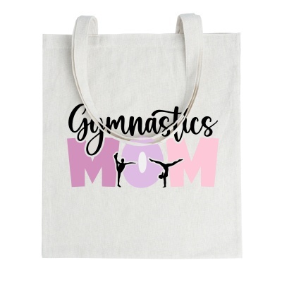 Saco de tecido branco com estampa 'Gymnastics MOM' e silhuetas de ginastas