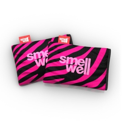 Sacos desodorizantes preto e rosa com padrão de riscas e texto 'smell well'