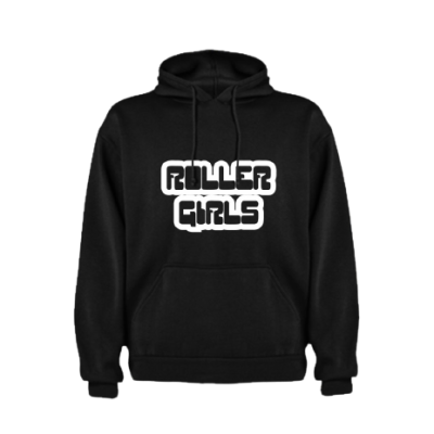 Sweatshirt preta com capuz e texto branco 'ROLLER GIRLS'