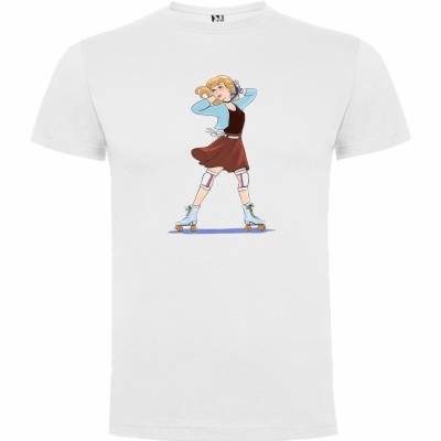 T-shirt branca com desenho de uma rapariga de patins