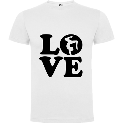 Camisola branca com estampa preta LOVE e silhueta de ginasta