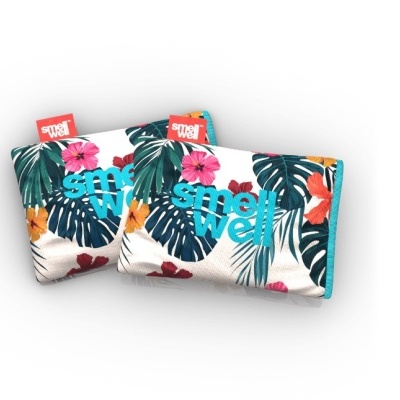 Bolsas térmicas estampadas com folhas e flores tropicais e texto 'smell well'