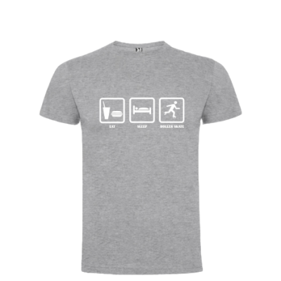 T-shirt cinzenta com ícones e texto branco Eat Sleep Roller Skate
