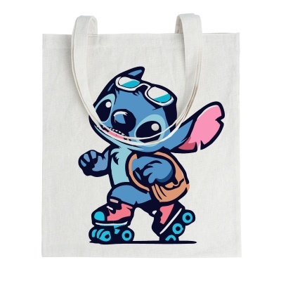 Saco de tecido branco com estampa de personagem azul em patins e óculos de sol