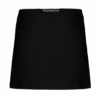 Saia preta curta com elástico na cintura com texto FLOWMOVE