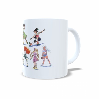 Caneca branca com ilustrações de personagens femininas coloridas