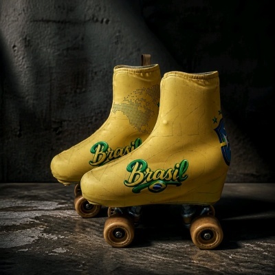 Par de patins amarelos com a palavra Brasil e mapa mundi
