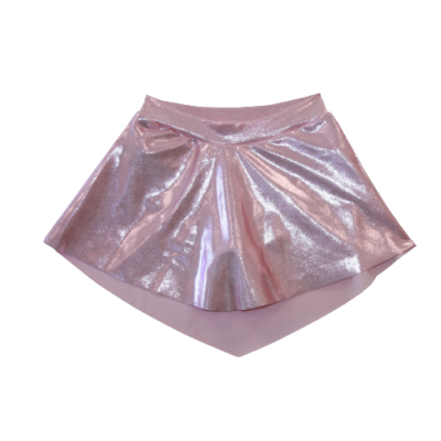 Saia curta rosa brilhante com acabamento metálico e cintura elástica.