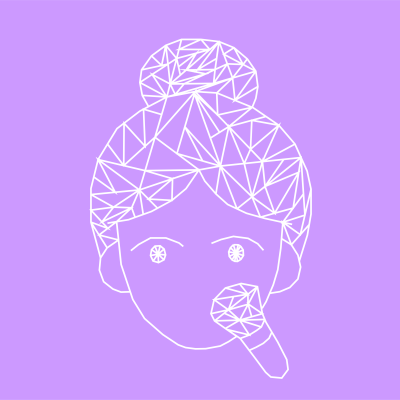 Ilustração minimalista de rosto feminino com pincel de maquilhagem, fundo lilás